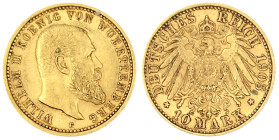 Reichsgoldmünzen

Württemberg

Wilhelm II., 1891-1918

10 Mark 1905 F. vorzüglich. Jaeger 295.