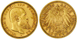 Reichsgoldmünzen

Württemberg

Wilhelm II., 1891-1918

10 Mark 1906 F. gutes vorzüglich. Jaeger 295.
