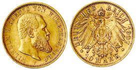 Reichsgoldmünzen

Württemberg

Wilhelm II., 1891-1918

10 Mark 1907 F. vorzüglich/Stempelglanz. Jaeger 295.