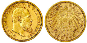 Reichsgoldmünzen

Württemberg

Wilhelm II., 1891-1918

10 Mark 1907 F. vorzüglich/Stempelglanz. Jaeger 295.