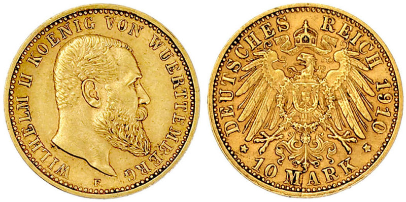 Reichsgoldmünzen

Württemberg

Wilhelm II., 1891-1918

10 Mark 1910 F. seh...