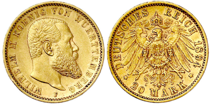 Reichsgoldmünzen

Württemberg

Wilhelm II., 1891-1918

20 Mark 1894 F. vor...