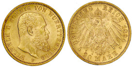 Reichsgoldmünzen

Württemberg

Wilhelm II., 1891-1918

20 Mark 1894 F. vorzüglich/Stempelglanz. Jaeger 296.