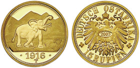 Gold der deutschen Kolonien u. Nebengebiete

Deutsch-Ostafrika

Neuprägung zum 15 Rupien-Stück 1916 T, Elefant (2003). 3,57 g. 585/1000. Polierte ...