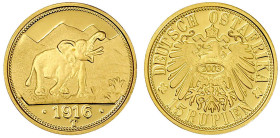Gold der deutschen Kolonien u. Nebengebiete

Deutsch-Ostafrika

Neuprägung zum 15 Rupien-Stück 1916 T, Elefant (2003). 3,56 g. 585/1000. Polierte ...