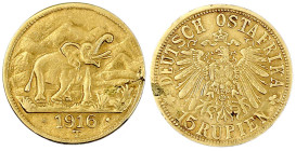Gold der deutschen Kolonien u. Nebengebiete

Deutsch-Ostafrika

15 Rupien 1916 T. Elefant. Grosse Arabeske endet unter A. 7,07 g. fast vorzüglich,...