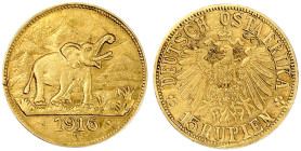 Gold der deutschen Kolonien u. Nebengebiete

Deutsch-Ostafrika

15 Rupien 1916 T. Elefant. Grosse Arabeske endet unter T. 7,14 g. vorzüglich, winz...