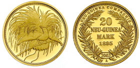 Gold der deutschen Kolonien u. Nebengebiete

Neuguinea

Neuprägung zum 20 Mark Neu-Guinea 1895 A (2003). 3,59 g. 585/1000. Polierte Platte. Jaeger...