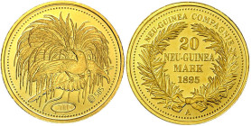 Gold der deutschen Kolonien u. Nebengebiete

Neuguinea

Neuprägung zum 20 Mark Neu-Guinea 1895 A (2005). 3,15 g. 585/1000. Polierte Platte. Jaeger...