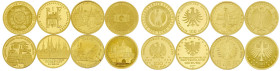Goldmünzen der Bundesrepublik Deutschland

Euro, ab 2002

8 verschiedene 100 Euro Goldmünzen: 2002 Währungsunion J, Quedlingburg 2003 F, Bamberg 2...