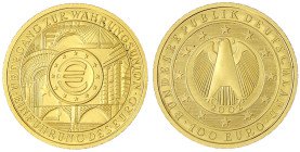 Goldmünzen der Bundesrepublik Deutschland

Euro, ab 2002

100 Euro 2002 J, Währungsunion. 1/2 Unze Feingold. In Originalschatulle mit Zertifikat. ...