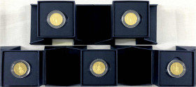 Goldmünzen der Bundesrepublik Deutschland

Euro, ab 2002

5 X 50 Euro: 2018 A,D,F,G,J, Kontrabass. Je 1/4 Unze Feingold. In Originalschatullen mit...