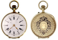 Uhren aus Gold

Taschenuhren

Schweizer Damentaschenuhr Gelbgold 585/1000, 1895/1934. Hersteller Grosjean Freres, La Chaux-de-Fonds. Handaufzug. 3...
