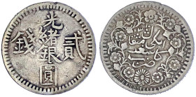 CHINA und Südostasien

China

Qing-Dynastie. De Zong, 1875-1908

2 Miscals AH 1310 = 1893, Kashgar. 7,03 g. sehr schön, Schrötlingsfehler am Ran...