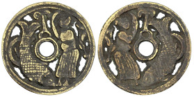 CHINA und Südostasien

China

Amulette

"Open work" Bronzeguss-Rundamulett. Mann und Fisch. 46 mm. sehr schön. Grundmann 60.