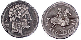 Kelten

Iberokelten

Bolscan (Osca)

Denar 133/100 v. Chr. v. Chr. XM. Bärtiger Kopf r./Reiter r. mit Lanze. 3,91 g. sehr schön. Burgos 408.