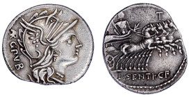 Römische Münzen

Römische Republik

L. Sentius C.F, 101 v. Chr

Denar 101 v. Chr. ARG PVB. Romakopf r./L. SENTI C.F. Jupiter in Quadriga r., im ...