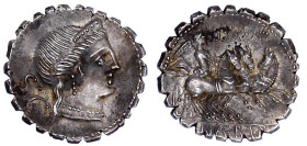Römische Münzen

Römische Republik

C. Naevius Balbus, 79 v. Chr

Denar Serratus 79 v. Chr. Kopf der Iuno Moneta(?) n.r., l. SC/C. NAE. BALB. Vi...