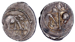 Römische Münzen

Imperatorische Prägungen

C. Julius Caesar 50-44 v. Chr

Denar 49/48 v. Chr. Feldmünzst. CAESAR. Elefant zertritt Schlange/Prie...