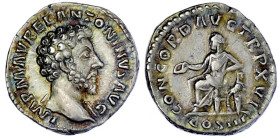 Römische Münzen

Kaiserzeit

Marcus Aurelius, 161-180

Denar TR P XVI = 162. Barhäuptiger Kopf r./CONCORD AVG TRP XVI COS III. Concordia thront ...