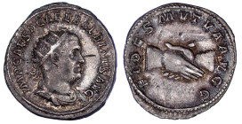 Römische Münzen

Kaiserzeit

Balbinus, 238

Antoninian 238. Drap. Brb. mit Strahlenbinde r./FIDES MVTVA AVGG. Handschlag. 4,73 g. vorzüglich, kl...
