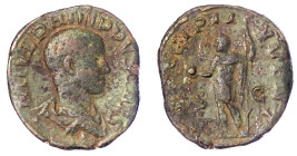 Römische Münzen

Kaiserzeit

Philippus II. Filius, 244-249

Sesterz, als Caesar 244/247. Drap. Brb. r./PRINCIPI IVVENT SC. Philippus steht l., h...