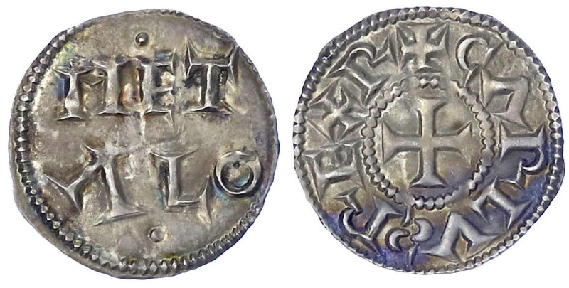 Karolinger

Karl der Einfältige 897-922

Pfennig o.J. Melle. .METALO./+CARLV...