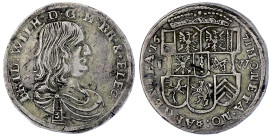 Altdeutsche Münzen und Medaillen

Brandenburg-Preußen

Friedrich Wilhelm, 1640-1688

1/3 Taler 1671 IW, Minden. sehr schön, kl. Kratzer. v. Schr...