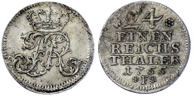 Altdeutsche Münzen und Medaillen

Brandenburg-Preußen

Friedrich II., 1740-1786

1/24 Taler 1755 F, Magdeburg. fast vorzüglich. Olding 169.