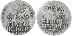 Altdeutsche Münzen und Medaillen

Brandenburg-Preußen

Friedrich II., 1740-1786

Fehlprägung zum 1/6 Taler 1768 E, Königsberg. Auf dem Avers wei...