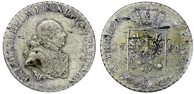 Altdeutsche Münzen und Medaillen

Brandenburg-Preußen

Friedrich Wilhelm II., 1786-1797

1/3 Taler 1791 E, Königsberg. sehr schön, übl. Schrötli...