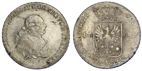 Altdeutsche Münzen und Medaillen

Brandenburg-Preußen

Friedrich Wilhelm II., 1786-1797

1/3 Taler 1792 E, Königsberg. gutes sehr schön, etwas b...