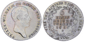 Altdeutsche Münzen und Medaillen

Brandenburg-Preußen

Friedrich Wilhelm III., 1797-1840

1/6 Taler 1816 A, Berlin. Stempelglanz, Prachtexemplar...