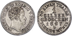 Altdeutsche Münzen und Medaillen

Brandenburg-Preußen

Friedrich Wilhelm III., 1797-1840

1 Silbergroschen 1827 D. fast Stempelglanz, Prachtexem...