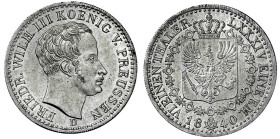 Altdeutsche Münzen und Medaillen

Brandenburg-Preußen

Friedrich Wilhelm III., 1797-1840

1/6 Taler 1840 D, Düsseldorf. fast Stempelglanz. Jaege...