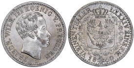 Altdeutsche Münzen und Medaillen

Brandenburg-Preußen

Friedrich Wilhelm III., 1797-1840

1/6 Taler 1840 D, Düsseldorf. fast Stempelglanz. Jaege...