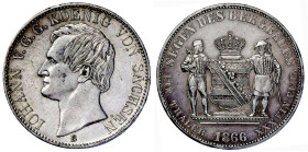Altdeutsche Münzen und Medaillen

Sachsen-Albertinische Linie

Johann, 1854-1873

Ausbeutevereinstaler 1866 B. sehr schön/vorzüglich. Jaeger 127...