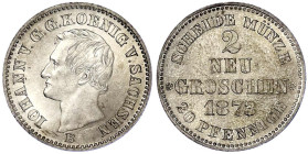 Altdeutsche Münzen und Medaillen

Sachsen-Albertinische Linie

Johann, 1854-1873

2 Neugroschen 1873 B. vorzüglich/Stempelglanz. Jaeger 130. AKS...