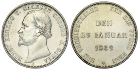 Altdeutsche Münzen und Medaillen

Sachsen-Coburg-Gotha

Ernst II., 1844-1893

Vereinstaler 1869 B. Auf das 25. Regierungsjubiläum. vorzüglich, b...