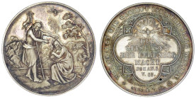 Medaillen

Religion

Taufe

Augsburg: Silbermedaille o.J. (19. Jh.) von Drentwett. Johannes tauft Jesus am Jordan, dahinter Gebirge, rechts Baum...