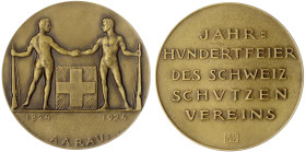 Medaillen

Schützenmedaillen

Schweiz

Aargau, Kanton

Bronzemedaille 1924 von Hans Frei. Schützenfest in Aarau. 50 mm. In weinroter Originals...
