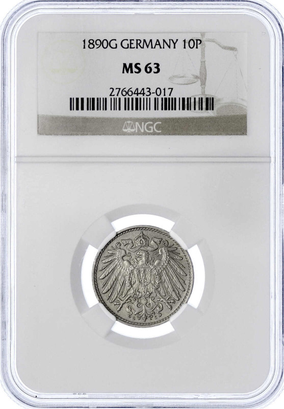 Reichskleinmünzen

10 Pfennig großer Adler, Kupfer/Nickel 1890-1916

1890 G....