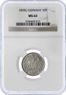 Reichskleinmünzen

10 Pfennig großer Adler, Kupfer/Nickel 1890-1916

1890 G. Im NGC-Blister mit Grading MS 63 (bisher wurde nur 1 Ex. höher gegrad...