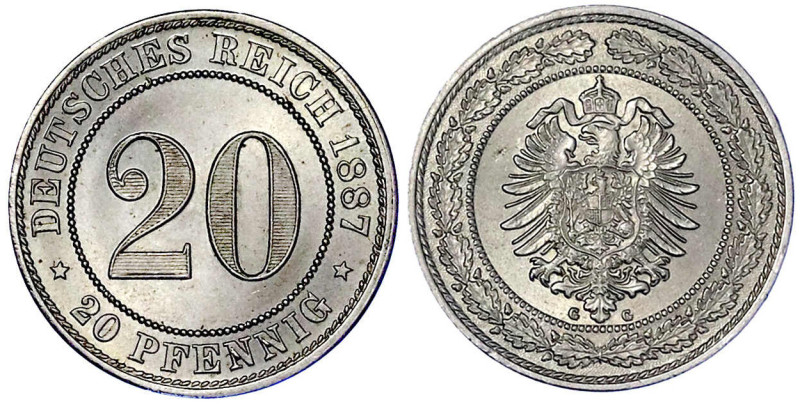 Reichskleinmünzen

20 Pfennig kleiner Adler, Nickel 1887-1888

1887 G. Stemp...