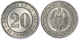 Reichskleinmünzen

20 Pfennig kleiner Adler, Nickel 1887-1888

1887 G. Stempelglanz, Prachtexemplar. Jaeger 6.