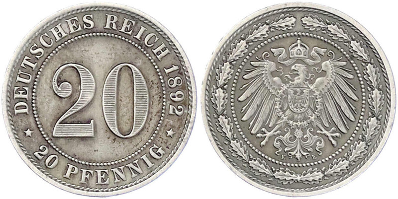 Reichskleinmünzen

20 Pfennig großer Adler, Nickel 1890-1892

1892 E. sehr s...