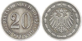 Reichskleinmünzen

20 Pfennig großer Adler, Nickel 1890-1892

1892 E. sehr schön. Jaeger 14.
