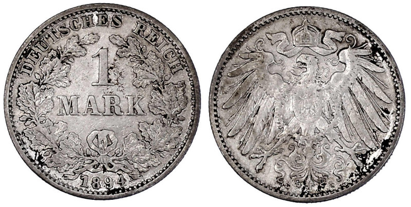 Reichskleinmünzen

1 Mark großer Adler, Silber 1891-1916

1894 G. gutes sehr...