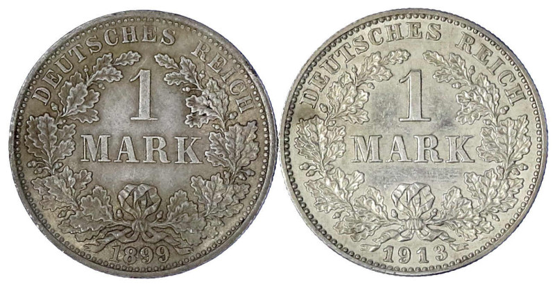 Reichskleinmünzen

1 Mark großer Adler, Silber 1891-1916

2 Stück: 1899 A un...