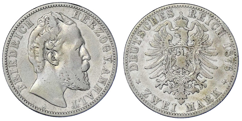 Reichssilbermünzen J. 19-178

Anhalt

Friedrich I., 1871-1904

2 Mark 1876...